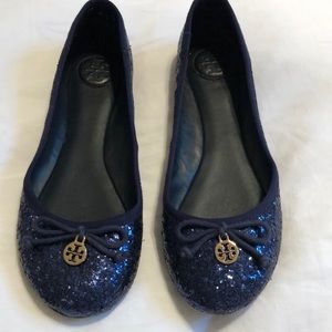 Tory Burch Blue Chelsea Glitter Ballet Flats
